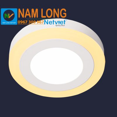 Đèn ốp trần nổi viền LED NH587 hình tròn, thân trắng viền LED vàng, công suất 18W + 6W, 3 chế độ sáng, NamLong NetViet