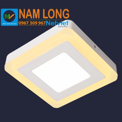 Đèn ốp trần nổi viền LED NH589 hình vuông, thân trắng viền LED vàng, công suất 12W + 6W, 3 chế độ sáng, NamLong NetViet