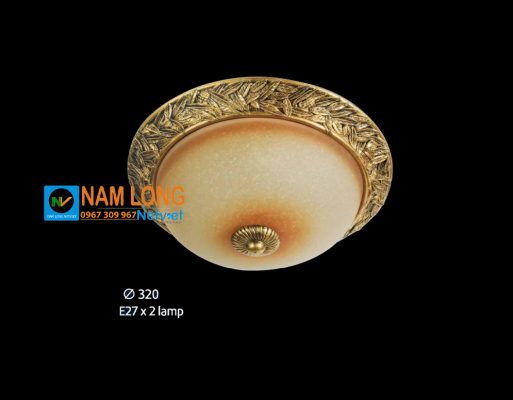 Đèn ốp trần ban công NM014A cổ điển thân giả đồng hoa văn, chao vàng kem hình bán cầu, đường kính Ø320mm, 2 bóng E27 NamLong NetViet