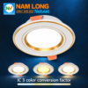 Đèn âm trần viền nhôm NH578 LED 7W 3 chế độ màu, thiết kế hình tròn viền trắng phối vàng, kích thước Ø135xH40mm