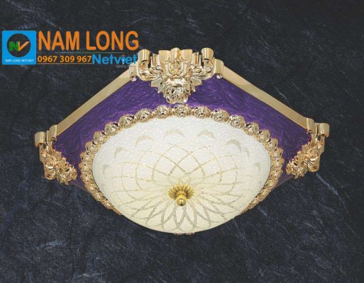 Đèn ốp trần ban công NM939 LED 12W 3 màu, khung tím viền hoa văn ánh vàng cổ điển, chụp thủy tinh trắng sữa, kích thước Ø350 × H80 mm