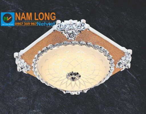 Đèn ốp trần ban công NM941 LED 12W 3 màu, viền hoa văn cổ điển ánh vàng, chụp thủy tinh trắng sữa, kích thước Ø350 × H80 mm