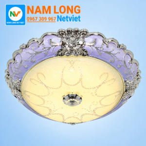 Đèn ốp trần ban công NM908 LED 12W 3 màu, kiểu dáng cổ điển, thân nhựa đúc hoa văn, chụp thủy tinh, kích thước Ø350 × H100 mm