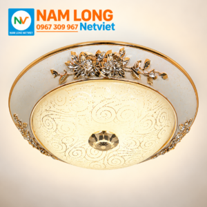 Đèn ốp trần ban công NM907 LED 12W 3 màu, kiểu dáng cổ điển, thân nhựa đúc hoa văn trắng sữa phối vàng, chụp thủy tinh Ø350 mm