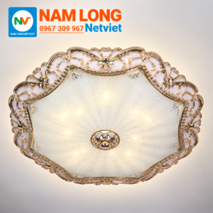 Đèn ốp trần ban công NM909 LED 12W 3 màu, viền hoa văn cổ điển ánh vàng, chụp thủy tinh trắng sữa, kích thước Ø330 × H120 mm