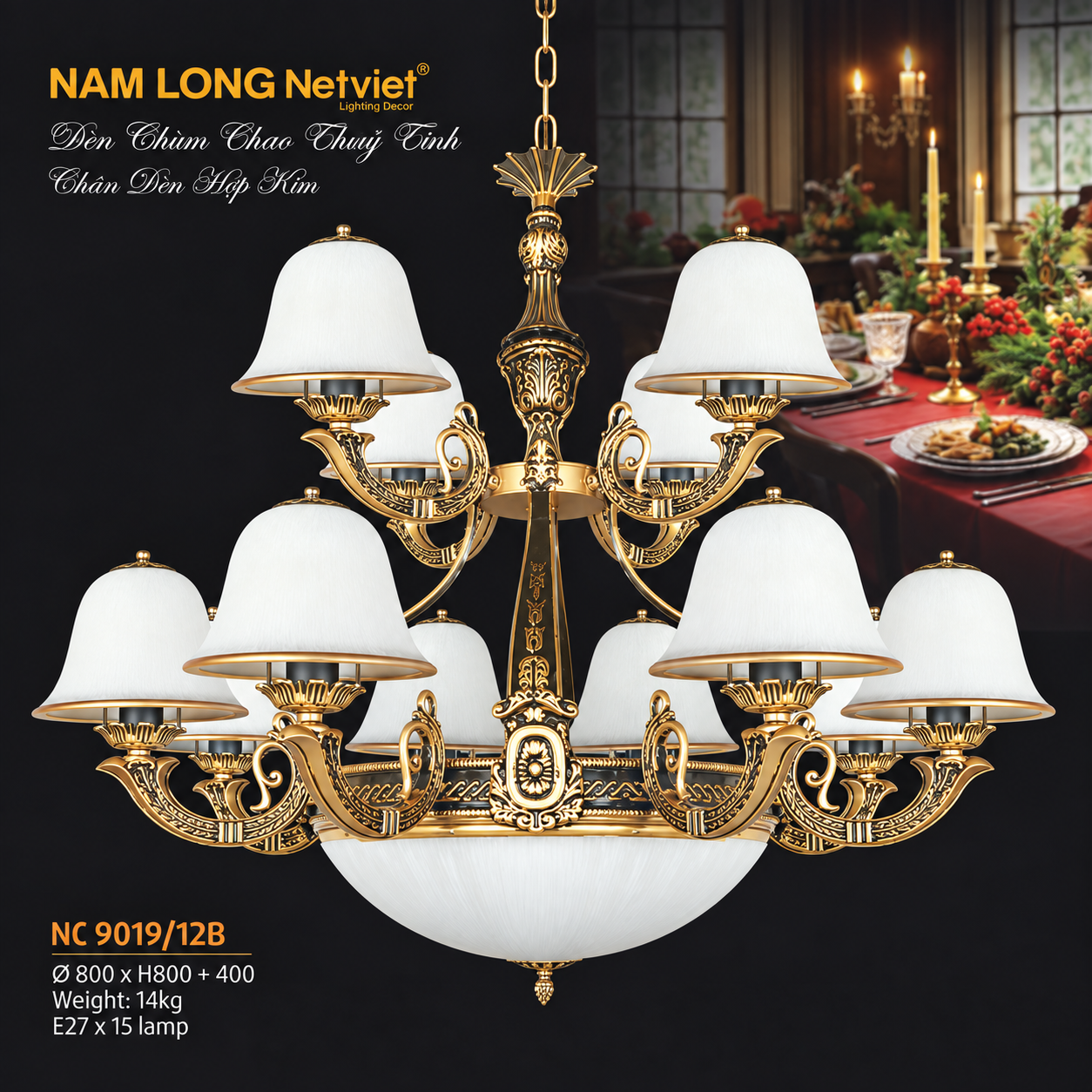 NC9019/12B Đèn chùm thủy tinh NC9019/12B 15 bóng E27