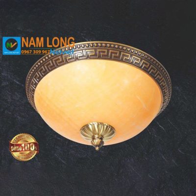 Đèn ốp trần đồng NM780A-B chao đá vàng hình bán cầu, thân đồng hoa văn cổ điển, 2 bóng E27, kích thước Ø300xH150mm NamLong NetViet