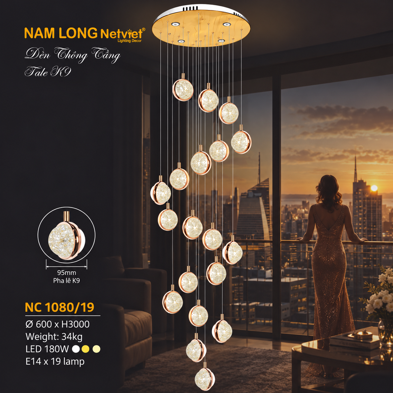 NC1080/19 Đèn thả thông tầng NC1080/19 pha lê K9