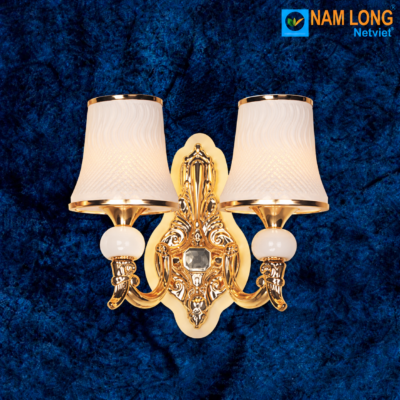 Đèn vách tường NV8606/2 hai tay chao vải trắng kem thân vàng